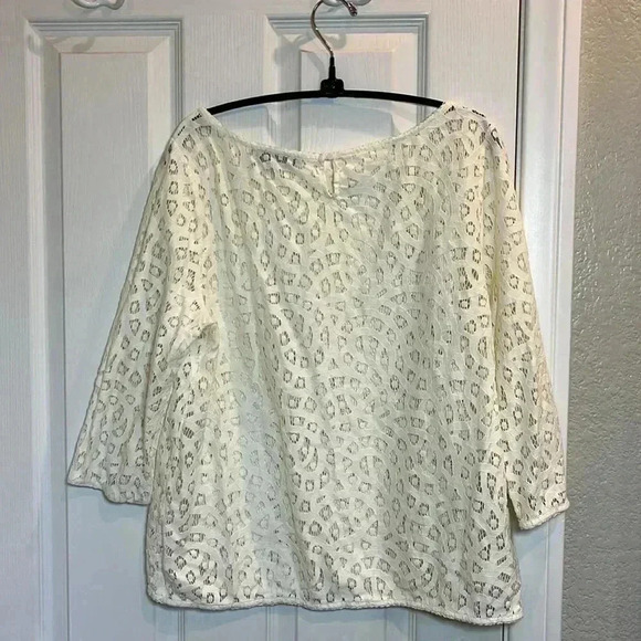 EUC Loft Cream Bone Ivory Lace Popover 3/4 Sleeve Top Blouse Shell Sz L - Picture 3 of 9